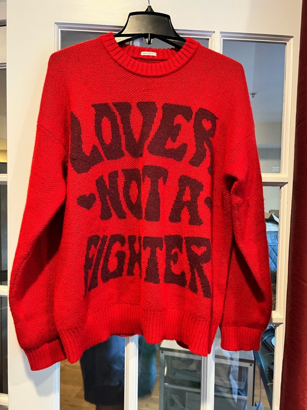 MOTHER Red Crewneck Sweater with Black Lettering - "Lover Not A Fighter"